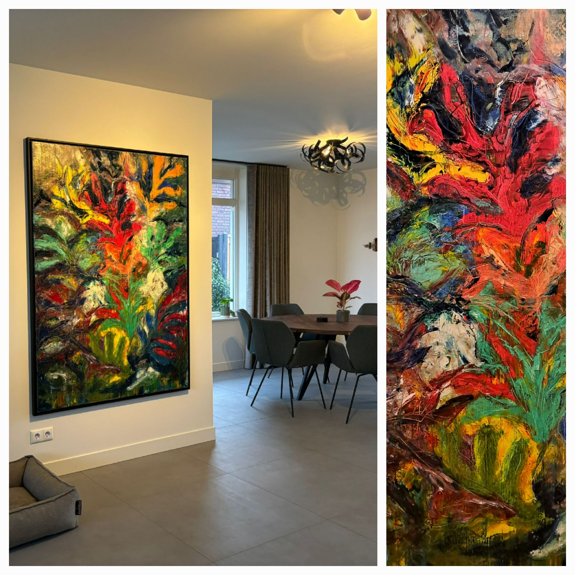Kleurrijk abstract schilderij aan de wand van een lichte, moderne woonkamer met detail van het doek